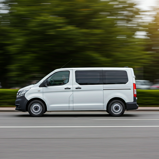 A delivery van moving through city streets