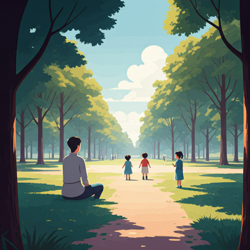 A parent watching children play in a park